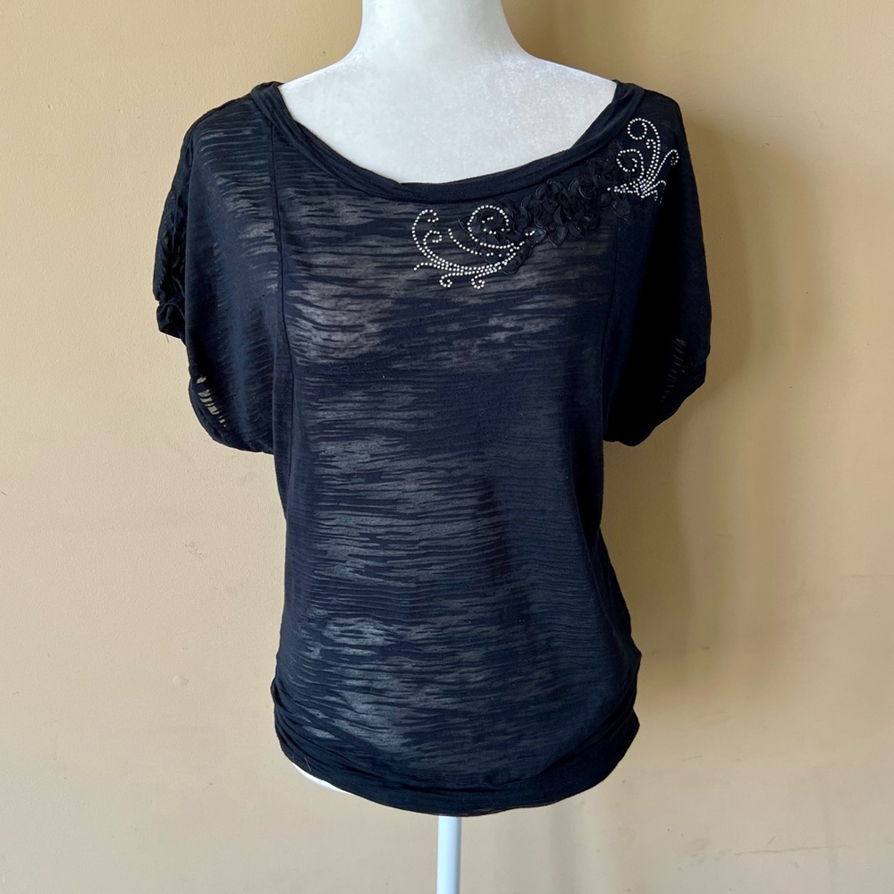 Beckyanne Small Black Flower Beaded Dressy Shirt Top
